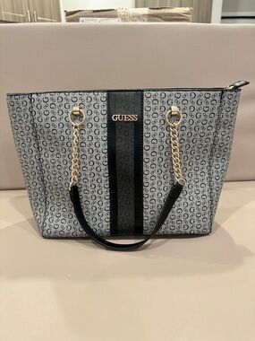 GUESS Black and Gray Logo Stripe Tote with Gold Chain Accents